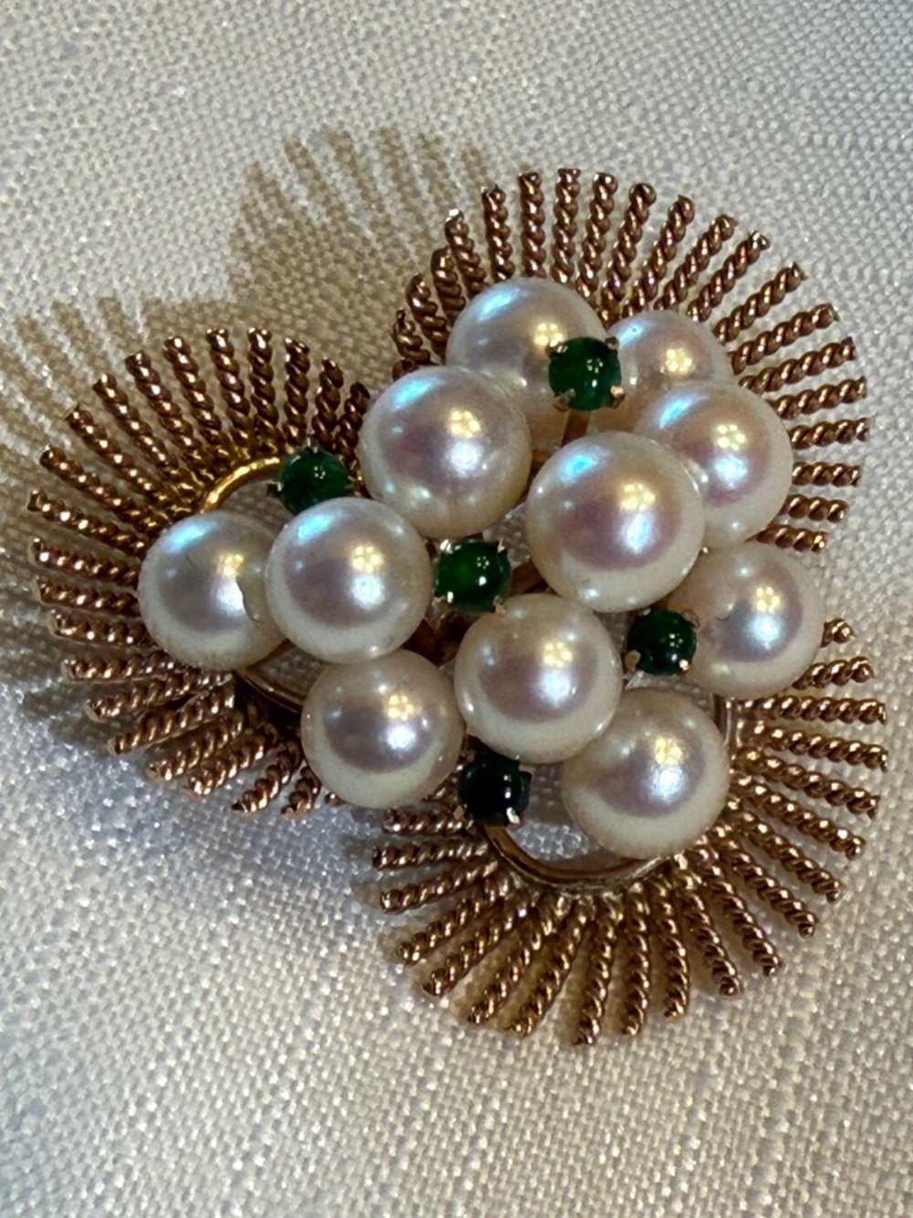 14k Gold Pearl Cluster Brooch with Green Stone Accents